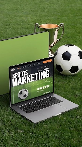 Digital Marketing in Sports: Transforming the Game Online laptop computer with green screen grass with soccer ball victory cup background 1313853 77334